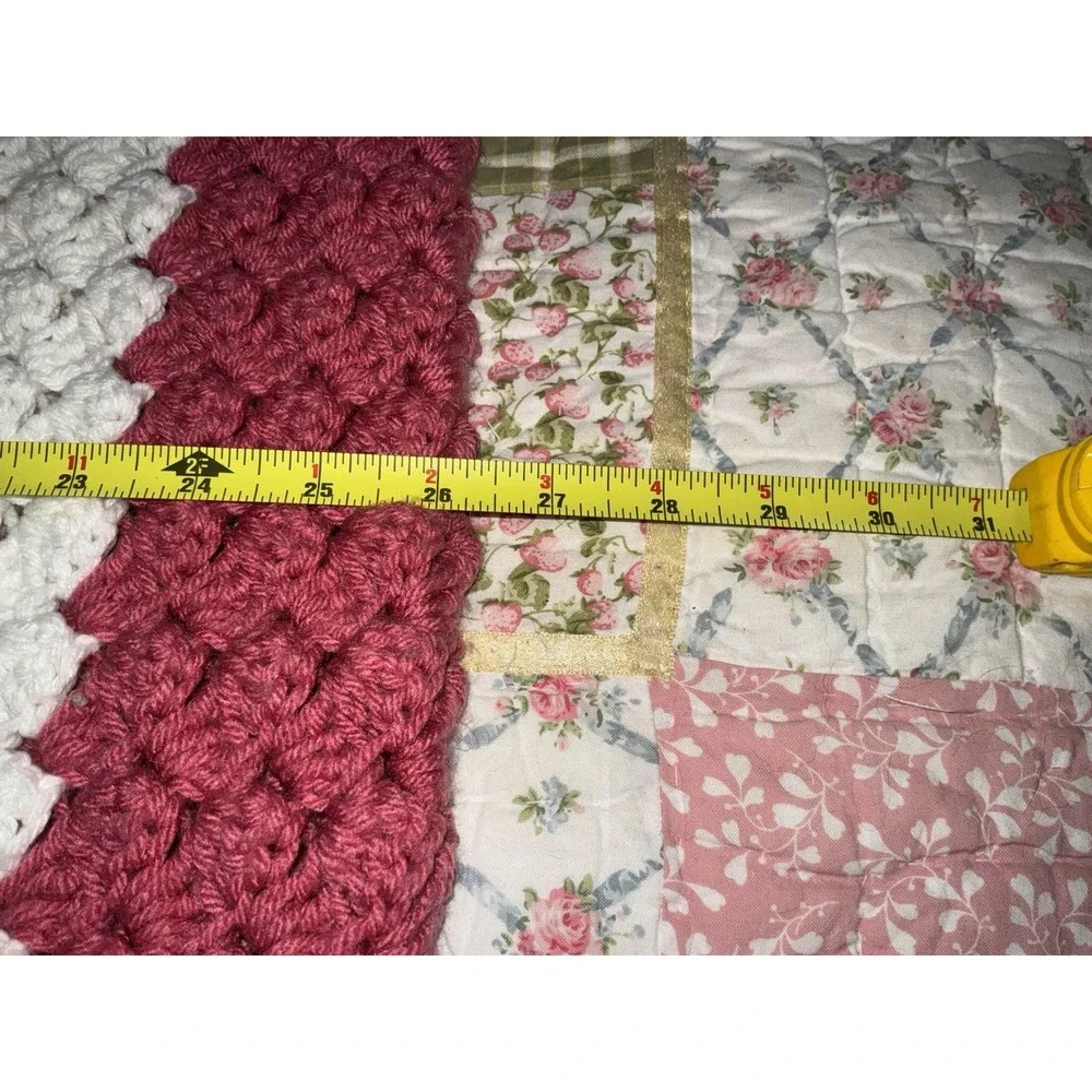 Handmade Cottage Core Crochet Throw Blanket Pink White And Burgandy 29x56